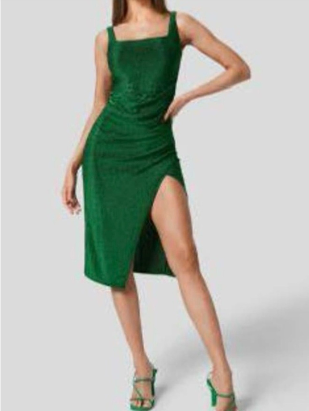 HALARA Emerald Green Square-Neck Midi Dress with High Slit